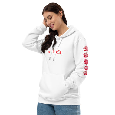 Premium eco fleece hoodie with roses graphic on sleeves