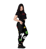 Recycled Black Leggings with flowers. High Waisted with pockets (UPF 50+) protection